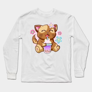 Boba Cat Tea Neko Girl Teen Bubble Kawaii Anime Japanese Long Sleeve T-Shirt